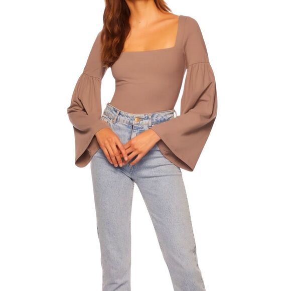 NEW Susana Monaco Bell Sleeve Square Neck Top Hunter Coco M - Picture 3 of 6